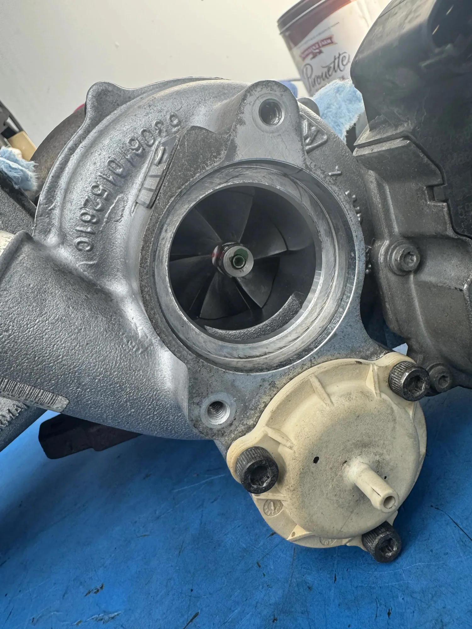 Porsche turbocharger assembled in three-quarter view